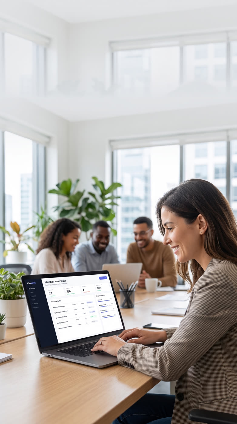 Une responsable d’équipe consulte un tableau de bord sur son ordinateur portable pendant que son équipe échange en arrière-plan.