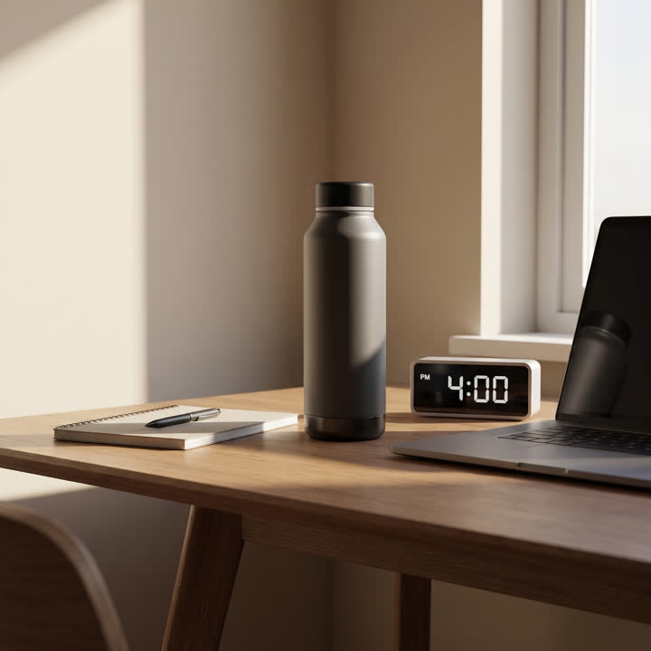 Une gourde mate posée sur un bureau en fin d’après-midi, à côté d’un réveil qui affiche 16:00.